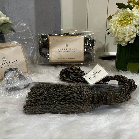 NEW Pottery Barn Seville Set 2 Tassel Drapery Tie Back + Hook Lichen Green NWT - Picture 2 of 15